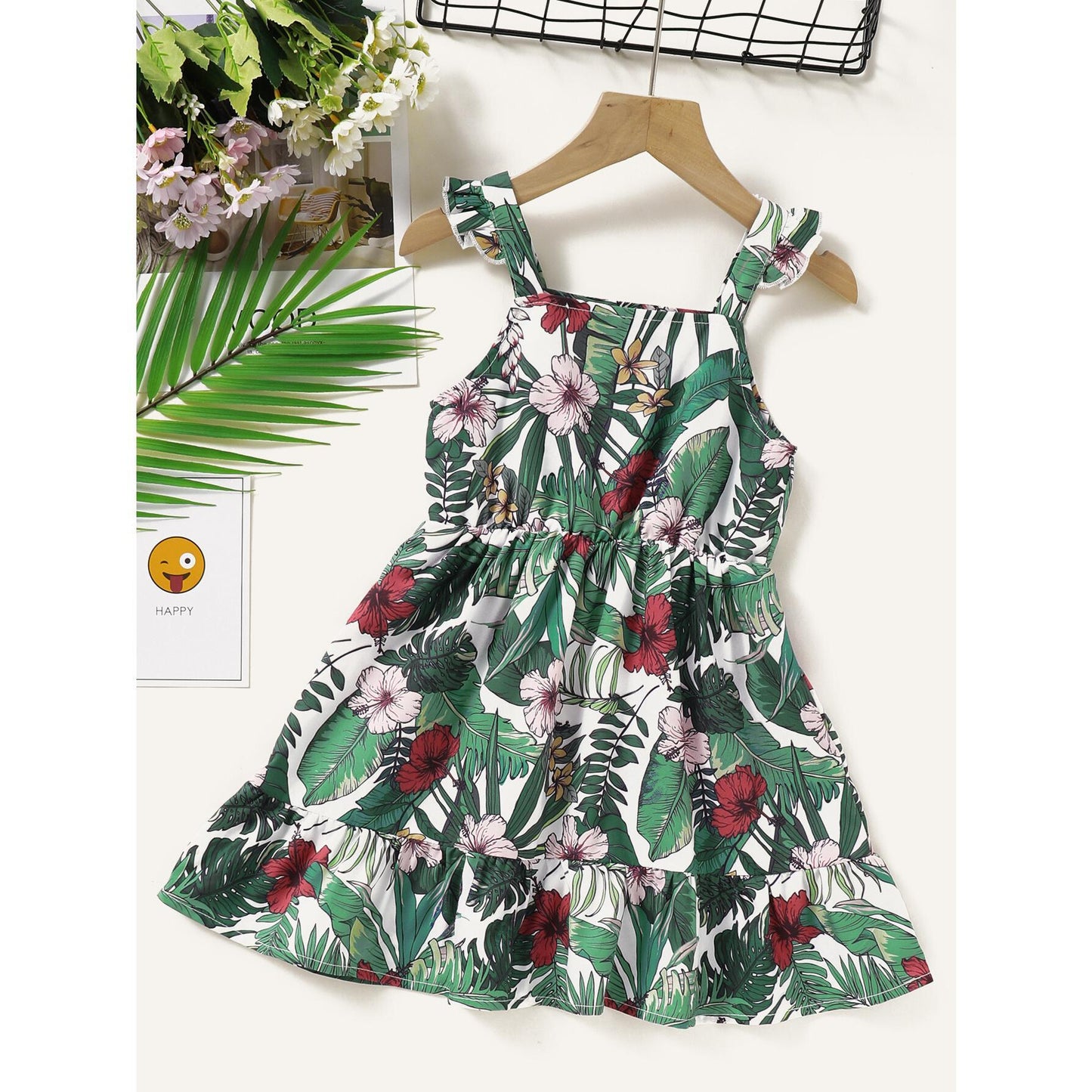 Kids Girl Clothes Little Girls Dress Sleeveless Floral Dress Little Girls Suspender Dress Green-YC2004167