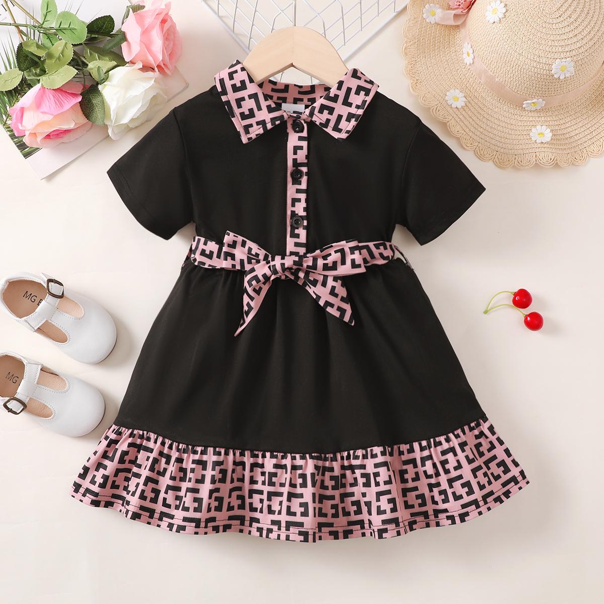 Ready Stock Kids Fashion Girls Dress Turn-down Collar Fashion Pattern Summer Dress Elastic Bow One Piece Party Dress Black 122212308