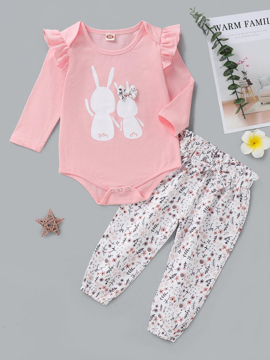 Kid fashion Girl Clothes Girl Outfits Ruffle Long Sleeve Romper Top Floral Pants 2PCS Clothing Set Pink WL20081301