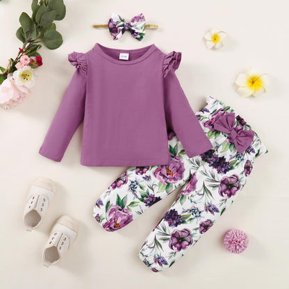 Baby Girls Outfits Ruffle Sleeve For Winter Floral Print Pants Headband 3Pcs OOTD Purple 112206036