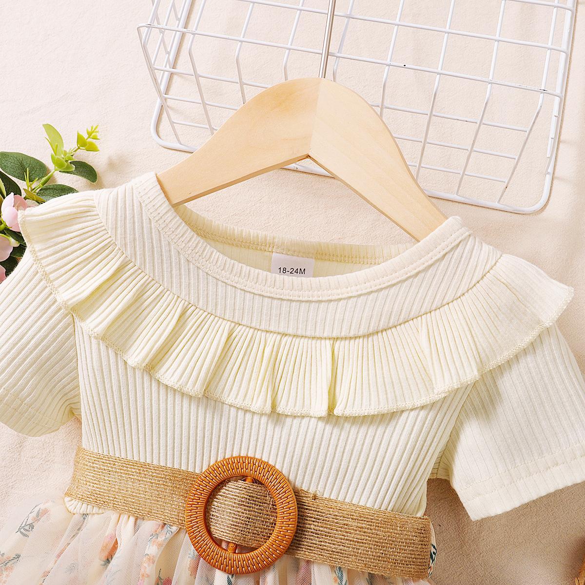Baby Girls Dress Lotus Leaf Collar Floral Print Gauze One Piece Sun Dress Apricot J222211301