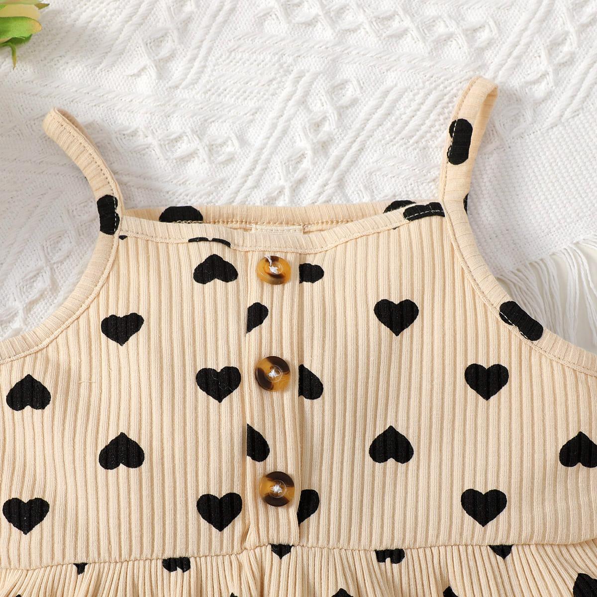 Kids fashion Girls Outfits Summer Straps Heart Print Tops Shorts 2Pcs OOTD Apricot 12110056