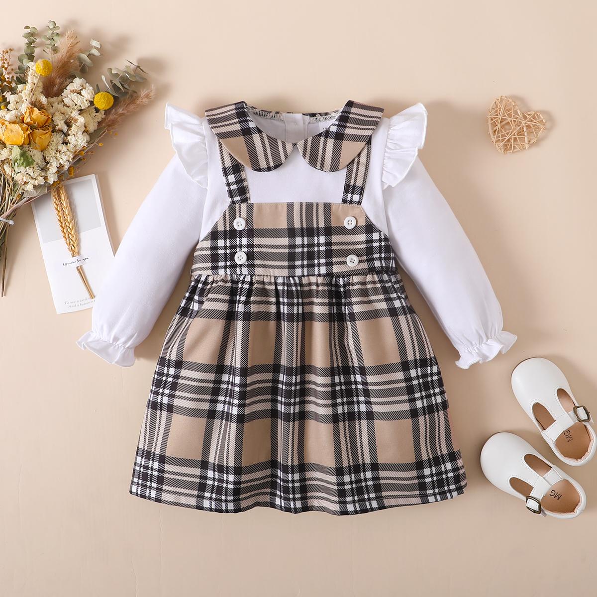 Kids Fashion Girls Dress Barbary Style Fake Two Pieces Plaid Ruffle One Piece Party Dress White 122210302