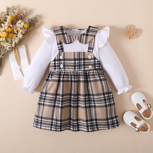 Kids Fashion Girls Dress Barbary Style Fake Two Pieces Plaid Ruffle One Piece Party Dress White 122210302