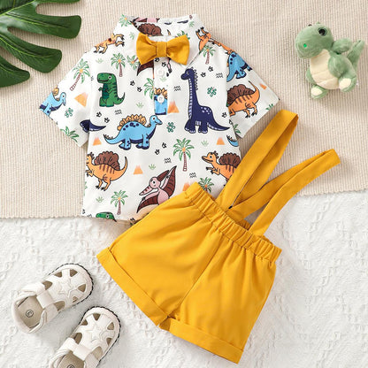 Kid Fashion Ready Stock Boys Clothes OOTD Dinosaur Bow Tie Turn-down Collar Shirt Straps Suspender Shorts 2PCS Outfits Yellow YCS112210452