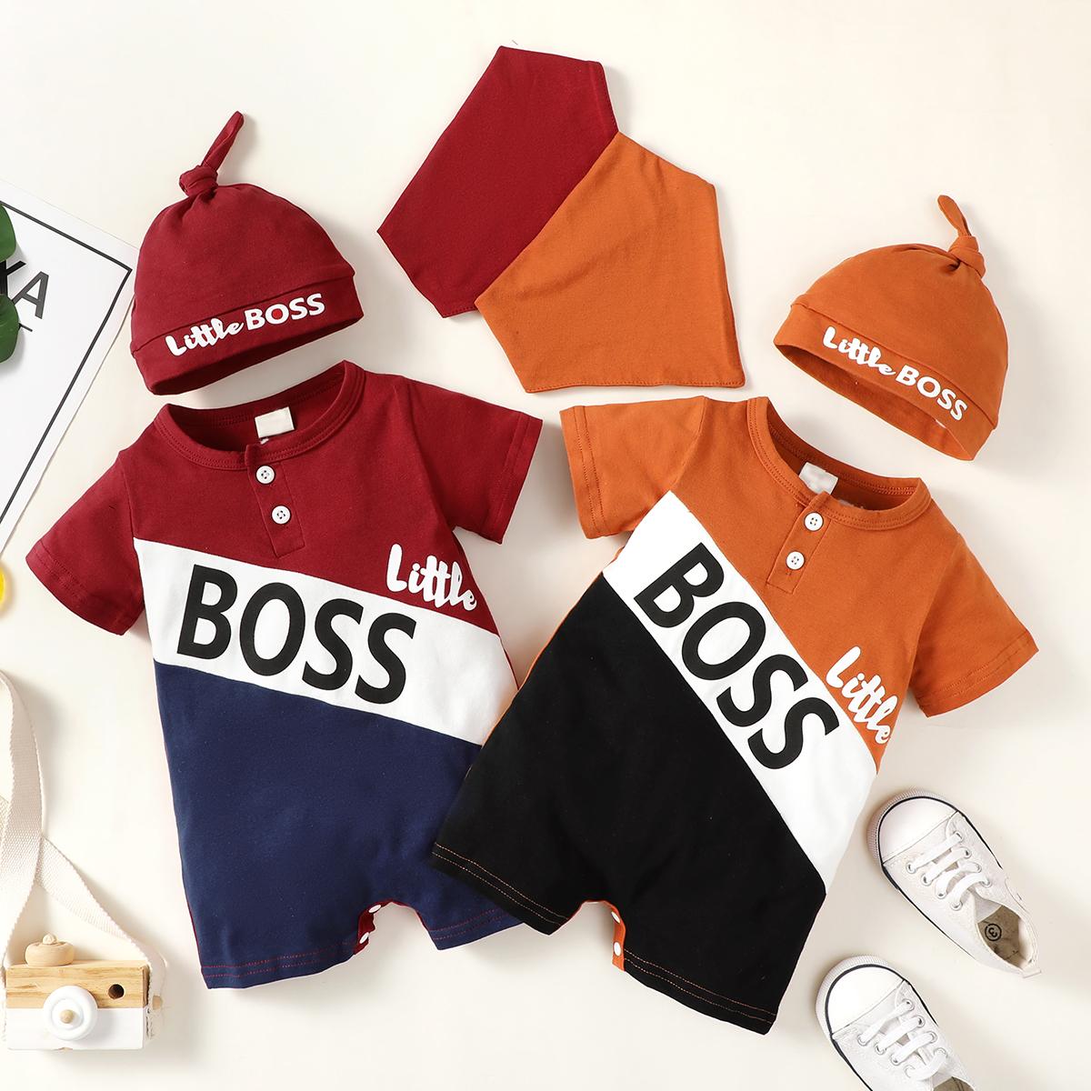 KID FASHION Baby Boys Clothes "little BOSS" Splice Summer Romper With Hat 2Pcs Romper Set 122205013