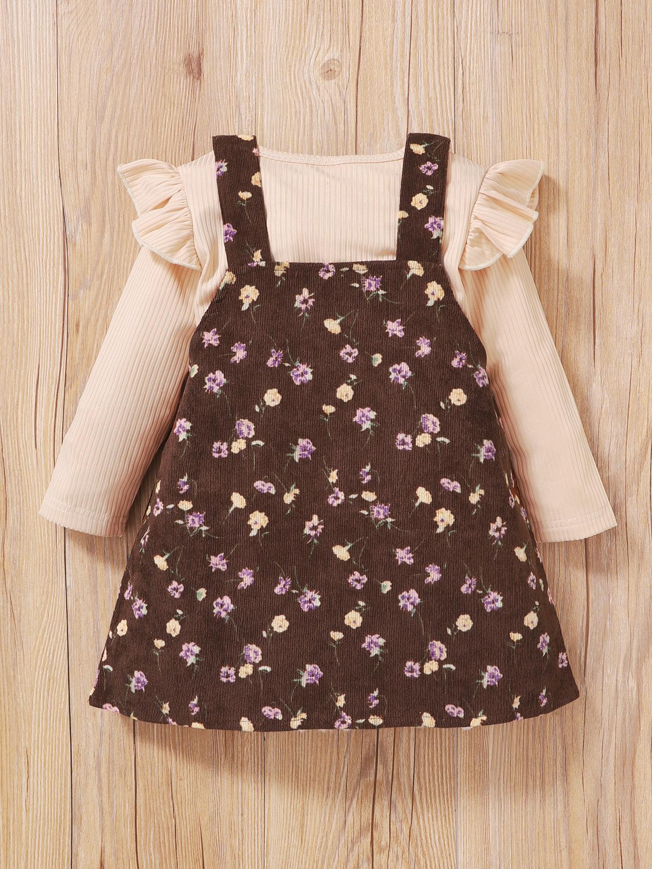 Baby Girls Outfits Pure Color Winter Romper Straps Suspender Skirts 2Pcs Clothes Set Apricot BL22109322