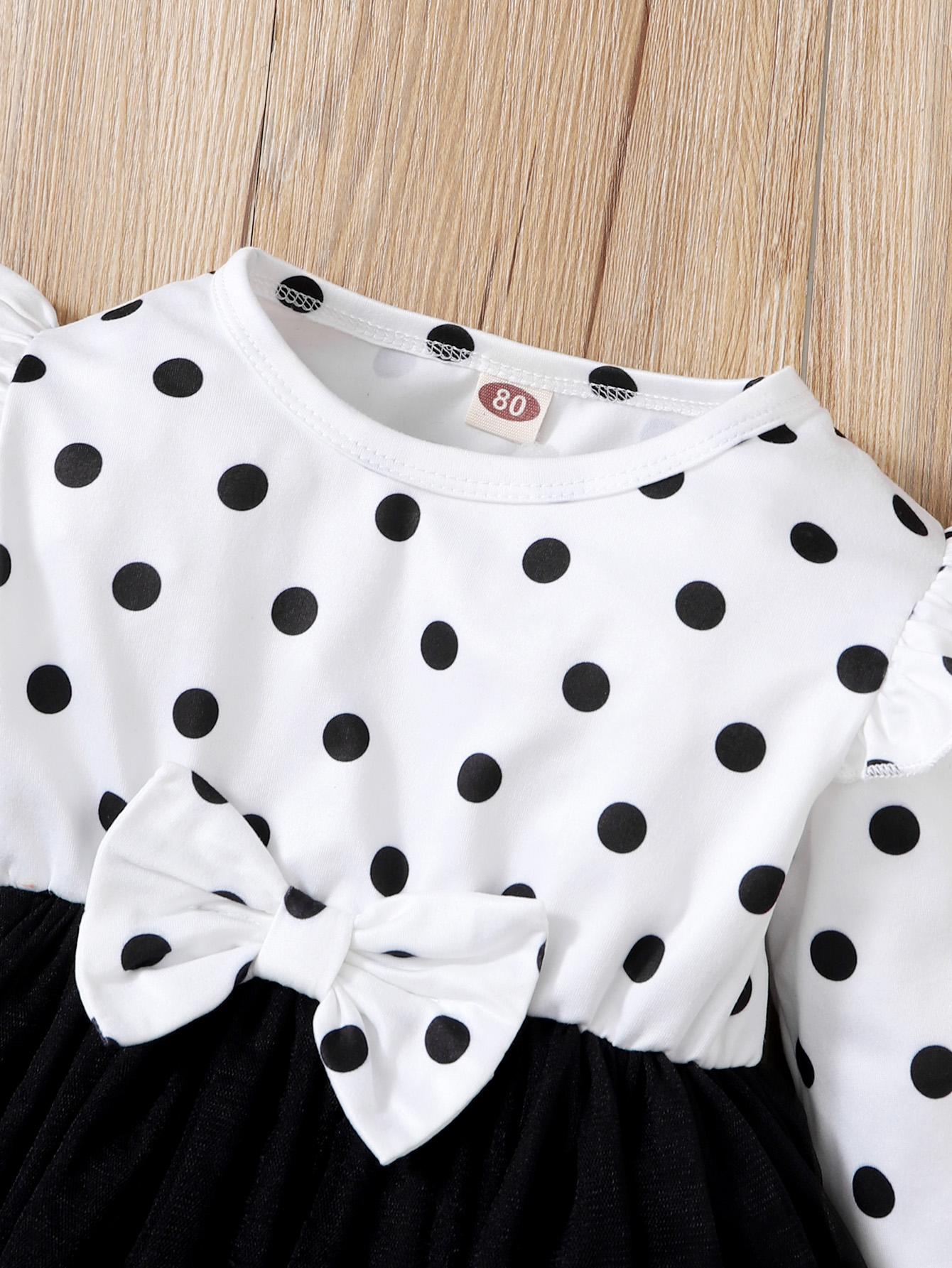 Newborn Baby Girls Outfits Wave Point Print Ruffle Sleeve Lace Bow Long Sleeve Dress+Headband 2Pcs Clothes Set White 22108163SY