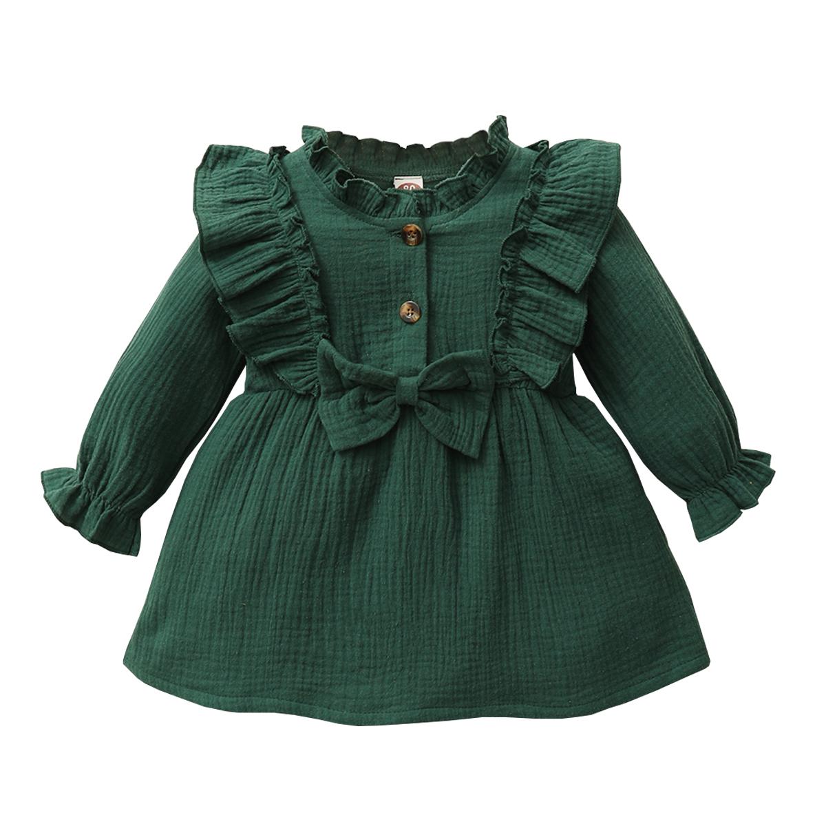Infant Baby Girl Dress Baby Girl Fall Clothes Ruffle Long Sleeve Cute Bowknot Dress Green 22010055-2
