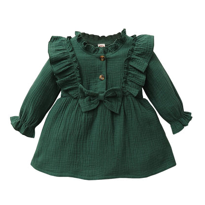 Infant Baby Girl Dress Baby Girl Fall Clothes Ruffle Long Sleeve Cute Bowknot Dress Green 22010055-2