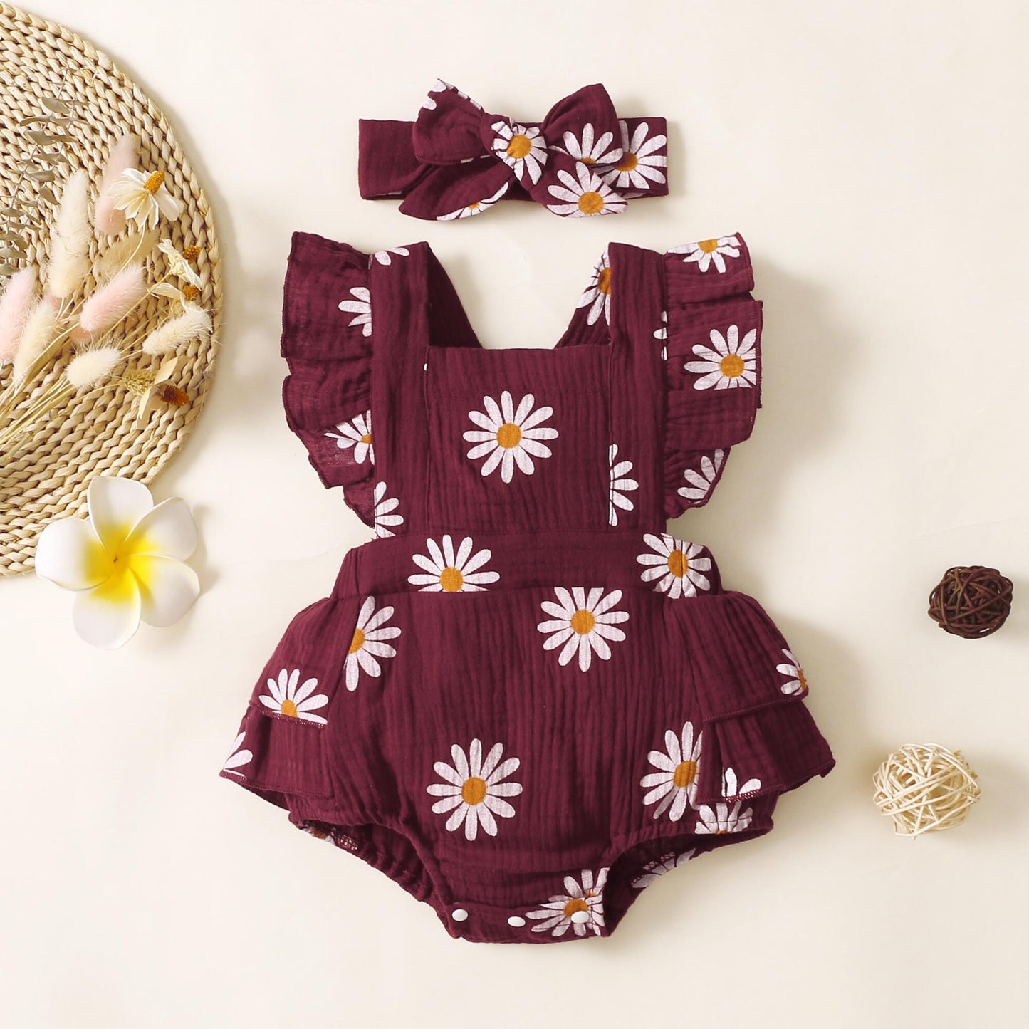 Newborn Baby Girls Clothes Baby Girls Romper Bodysuit Daisy Print Flying Sleeve Romper Baby Girls One Piece Jumpsuit Headband Set Red 32102758