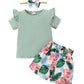 Kids Fashion Ready Stock Summer Clothes For Girls Ruffle Sleeve Solid Color Shirts Elastic Shorts Headband 3Pcs Outfits Green 112202005
