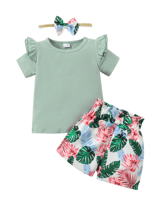 Kids Fashion Ready Stock Summer Clothes For Girls Ruffle Sleeve Solid Color Shirts Elastic Shorts Headband 3Pcs Outfits Green 112202005