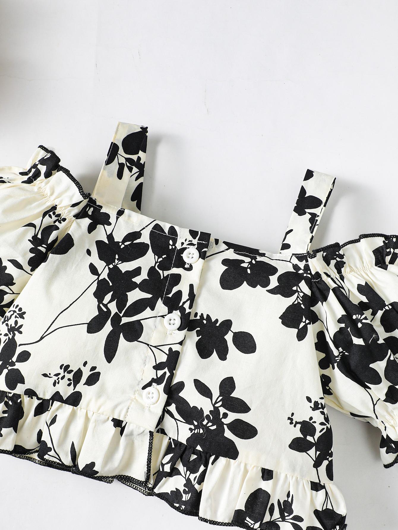 Kids Fashion Ready Stock Girls Clothes Floral Straps Bubble Sleeve Tops Bell-bottomed Pants 2Pcs Niceapparel OOTD White 623020005