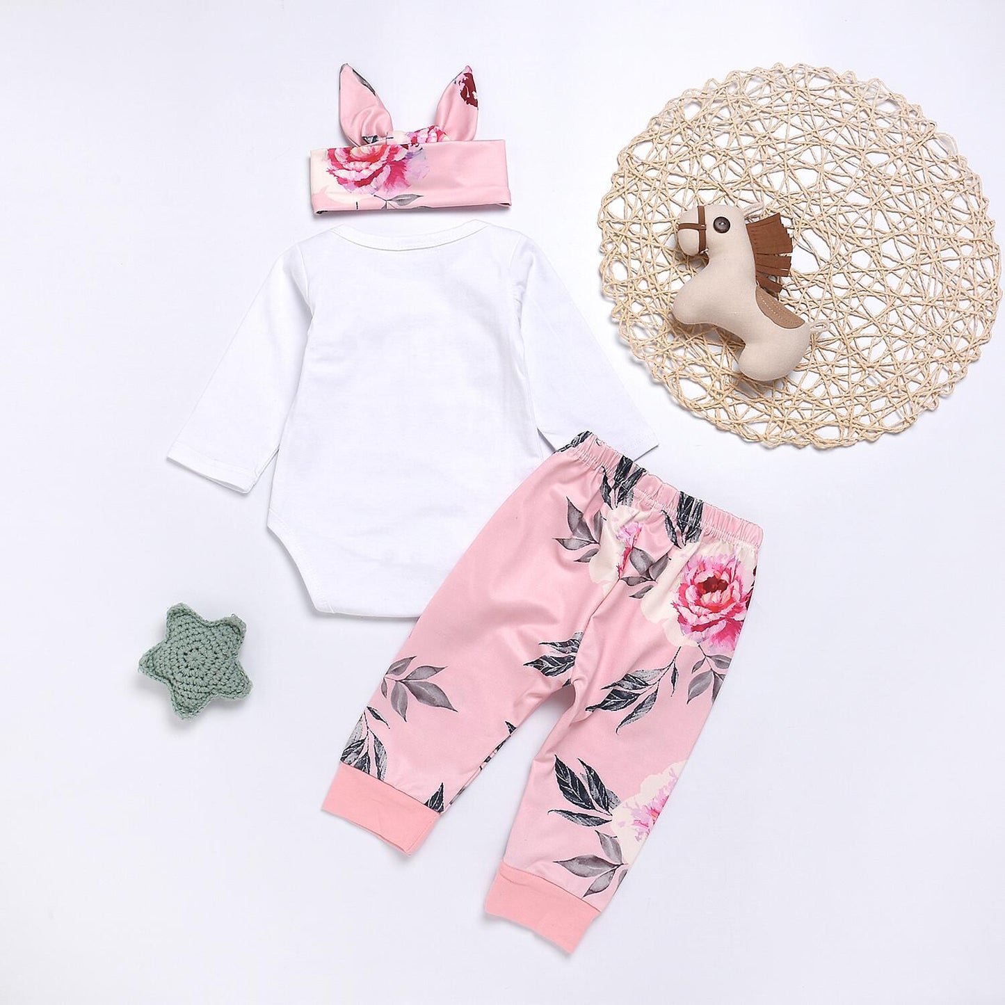 Newborn Baby Girl Clothes Baby Girl Outfits Long Sleeve Letter Print Romper Floral Pants Headband 3PCS Clothing Set 191048
