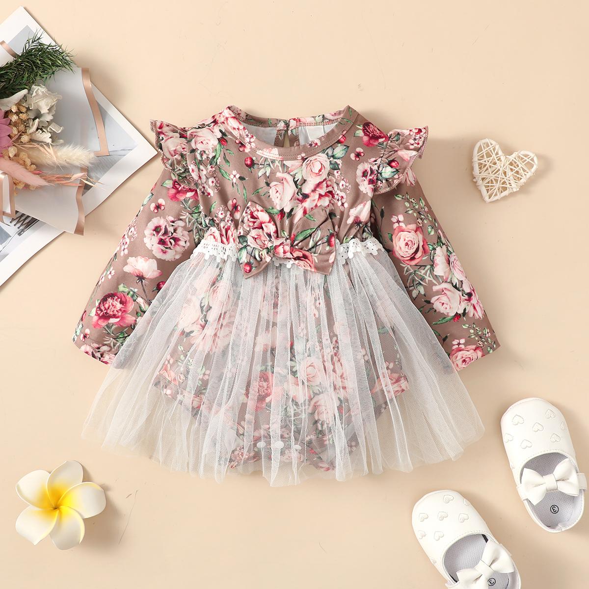 Baby Girls Romper Dress Floral Ruffle One Piece Winter Dress Brown BL22110685