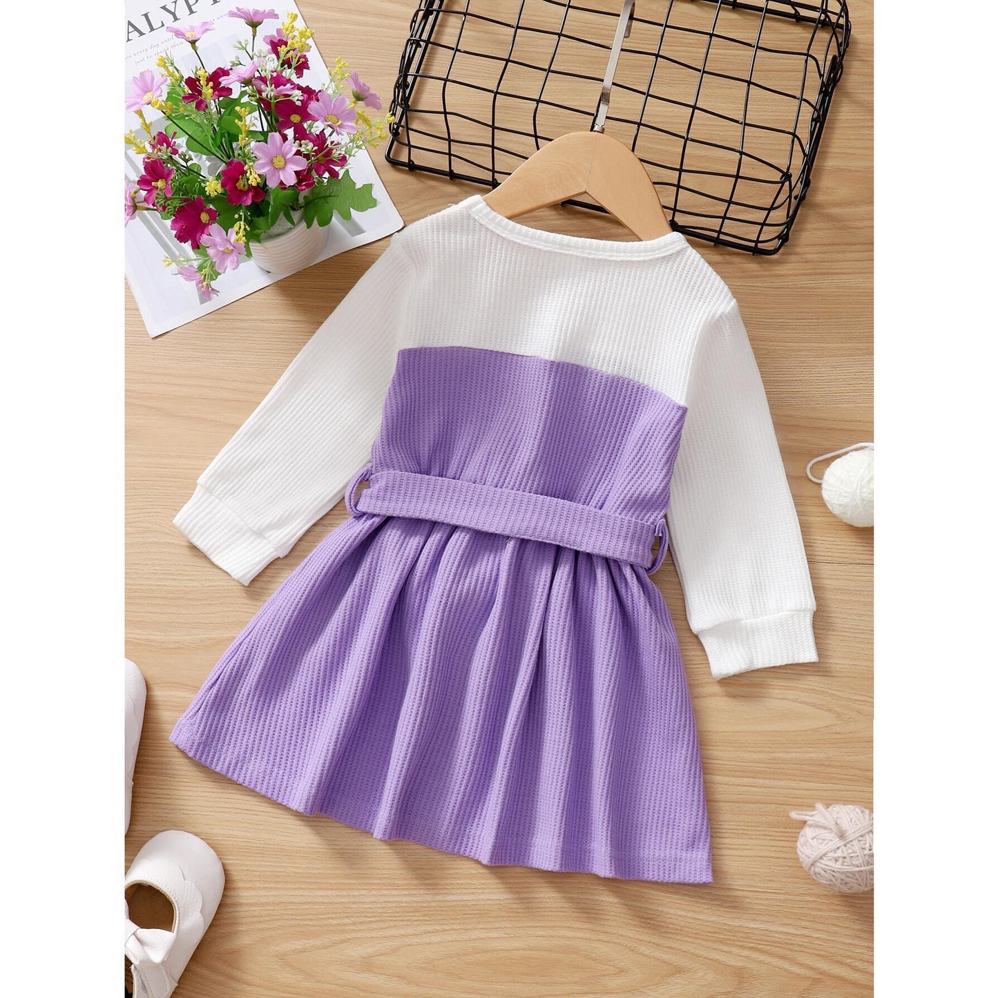 Baby GirlsDress Long Sleeve Round Neckline Pockets Dress Purple12105322
