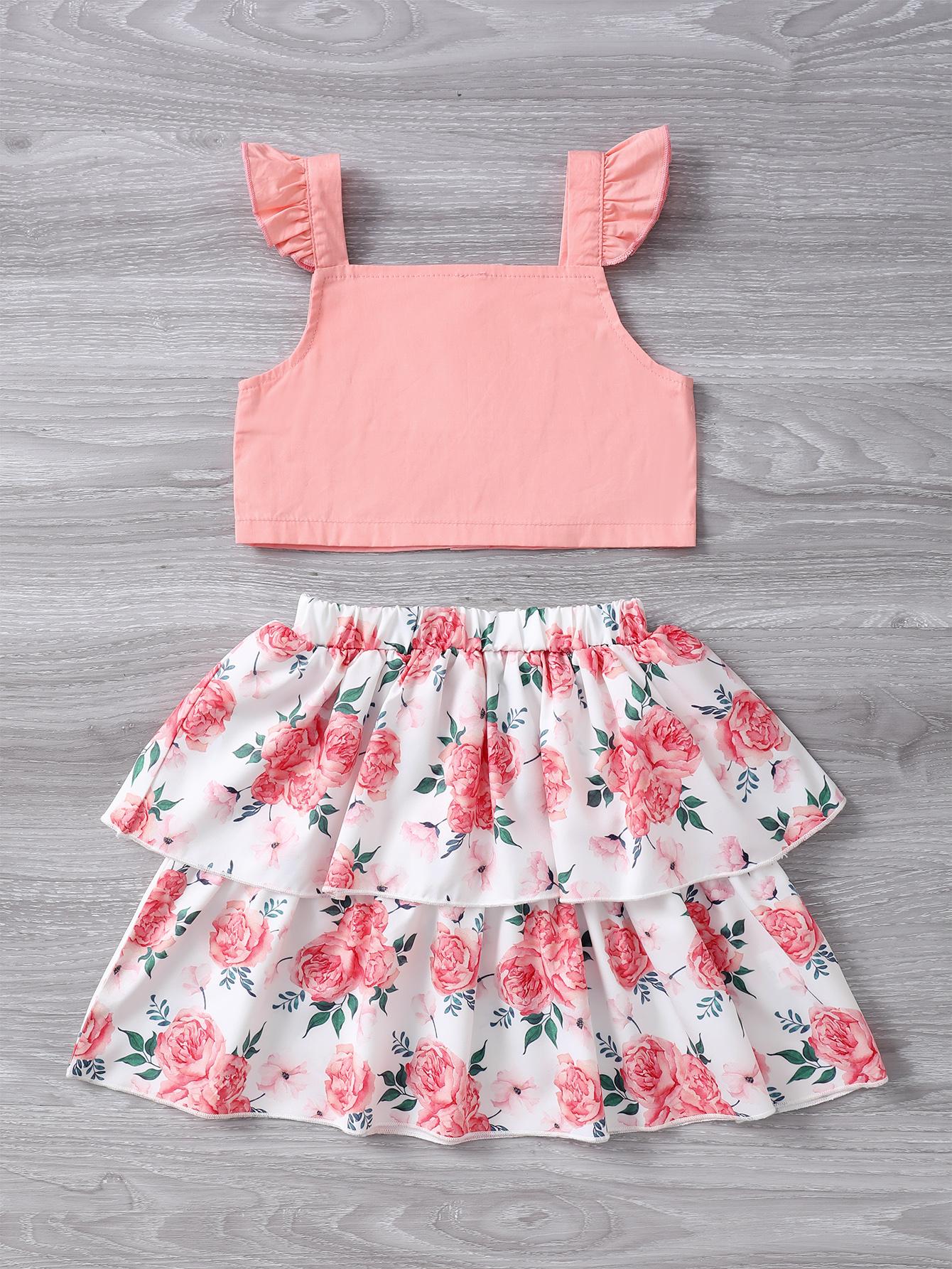 Baby Girls Clothes Summer Straps Tops Floral Print Skirts 2Pcs OOTD Pink 112111087