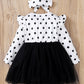Newborn Baby Girls Outfits Wave Point Print Ruffle Sleeve Lace Bow Long Sleeve Dress+Headband 2Pcs Clothes Set White 22108163SY