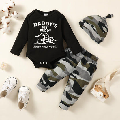 Kid fashion Boys Clothes Fist Bump Romper Winter OOTD Camouflage Pants Hat 3Pcs Outfits Black 32109604