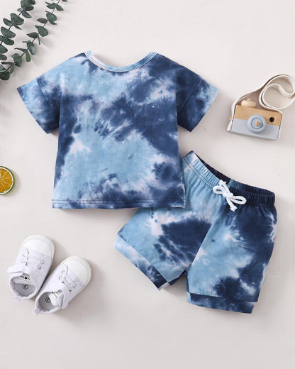 Kids fashion Boys Clothes Ready Stock Tie-dye Shirt Shorts 2Pcs Summer Outfits Blue 12109015-3