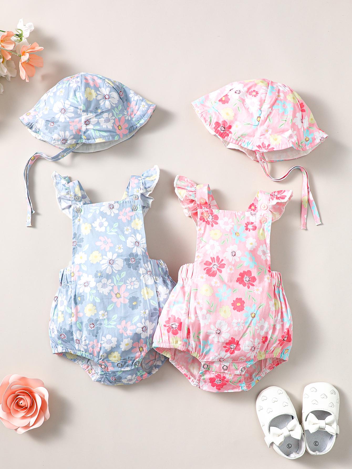 Kid Fashion Ready Stock Girls Clothes Summer Sleeveless Floral Print Romper With Hat 2Pcs Set ZX-ZB029