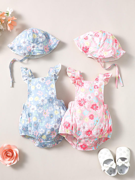 Kid Fashion Ready Stock Girls Clothes Summer Sleeveless Floral Print Romper With Hat 2Pcs Set ZX-ZB029