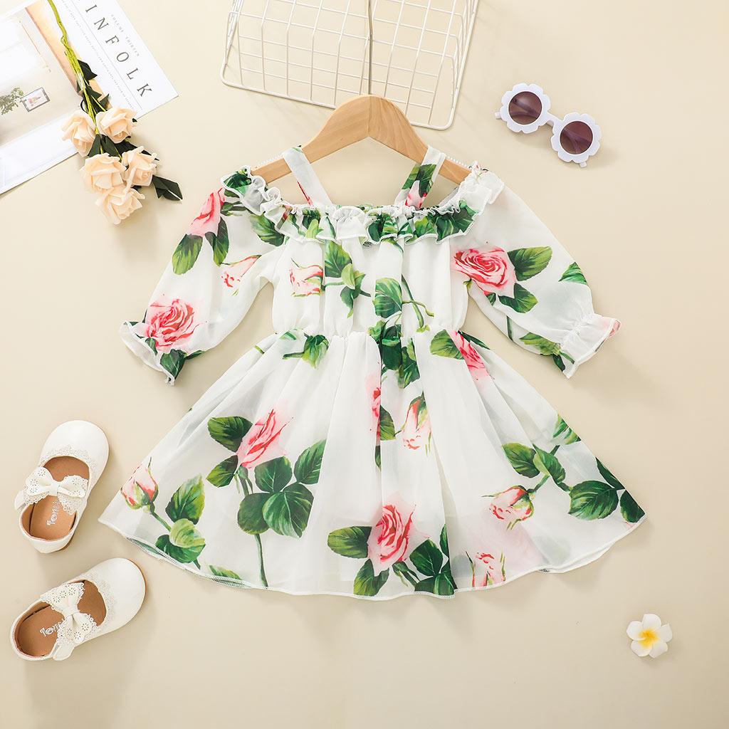 Baby Girls Dress Straps Floral Print Long Sleeve One Piece Sund Dress White SH10368B