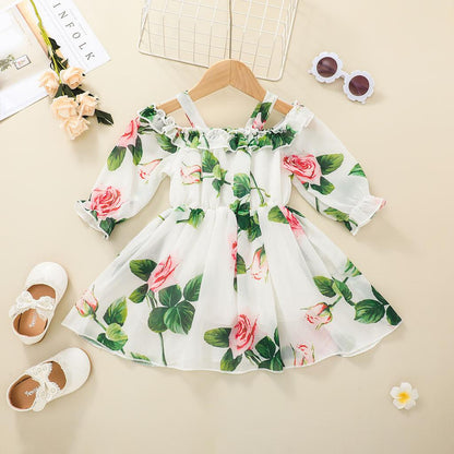 Baby Girls Dress Straps Floral Print Long Sleeve One Piece Sund Dress White SH10368B