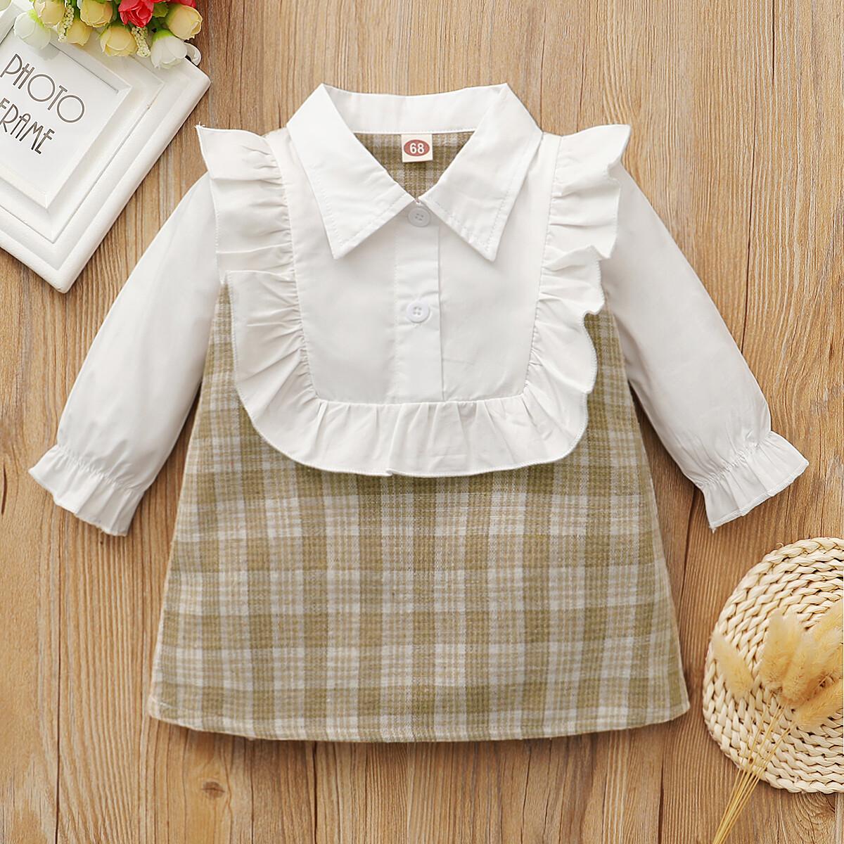 Newborn Baby Girl Clothes Baby Girl Dress Long Sleeve Lapel Dress Ruffle Plaid Dress 22009035