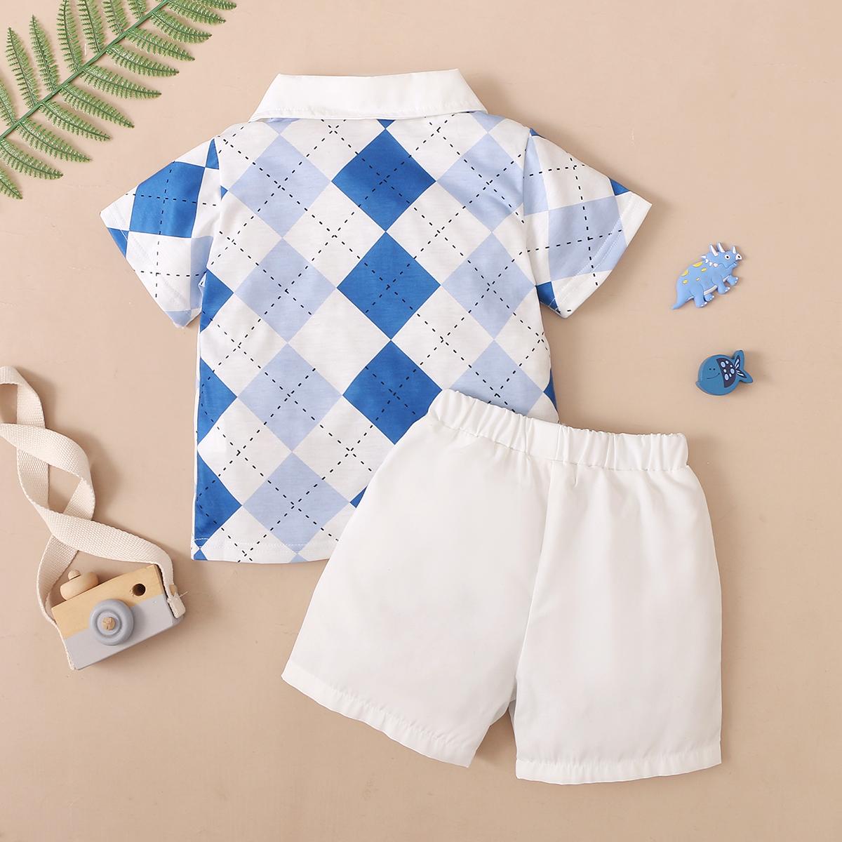 Ready Stock Kids fashion Boys Clothes Boys OOTD Diamond Pattern Turn-down Collar Short Sleeve Elastic Shorts 2Pcs Summer Set Blue 12110601