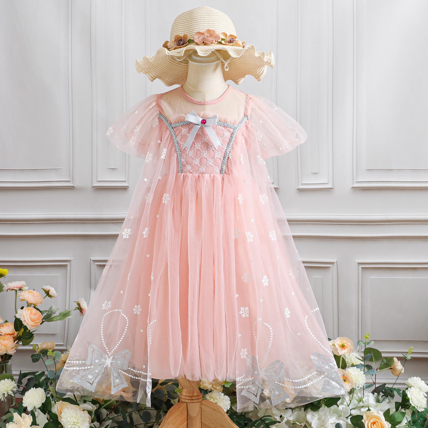 Baby Girls Princess Dress Gauze Embroidery Bow Dress One Piece Feast Dress Pink 339097
