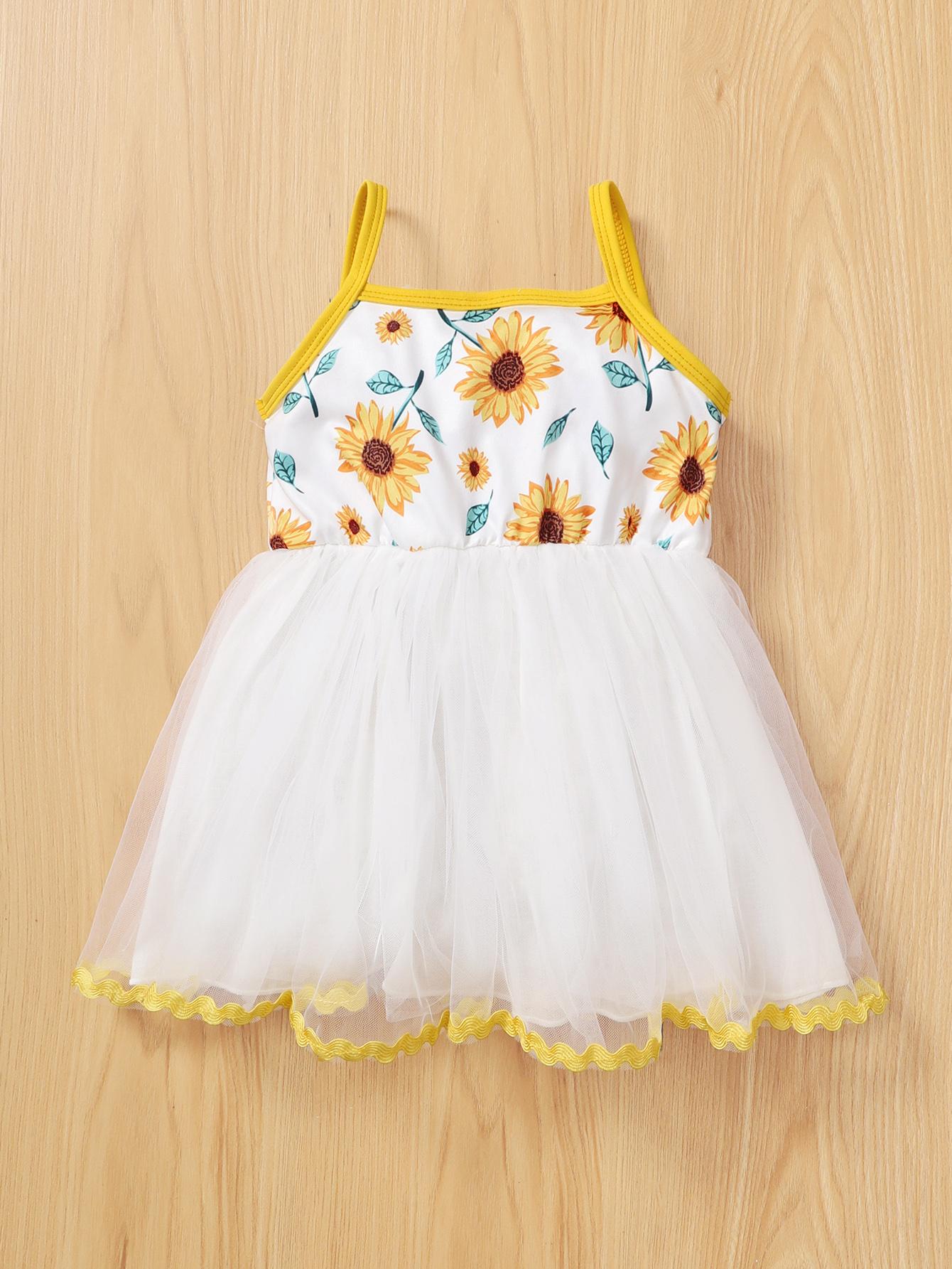Kids Fashion Girls Dress Straps Sunflower Bow Splice Gauze One Piece Dress White F222112151