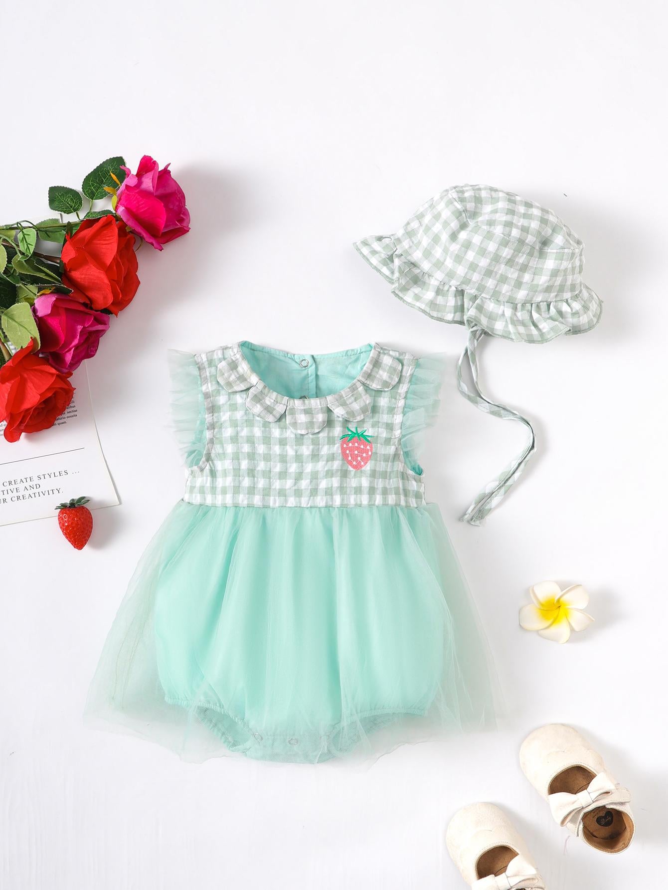 Kid Fashion Ready Stock Plaid Summer Sleeveless Splice Gauze Romper Dress With Hat 2Pcs ZX-ZB032