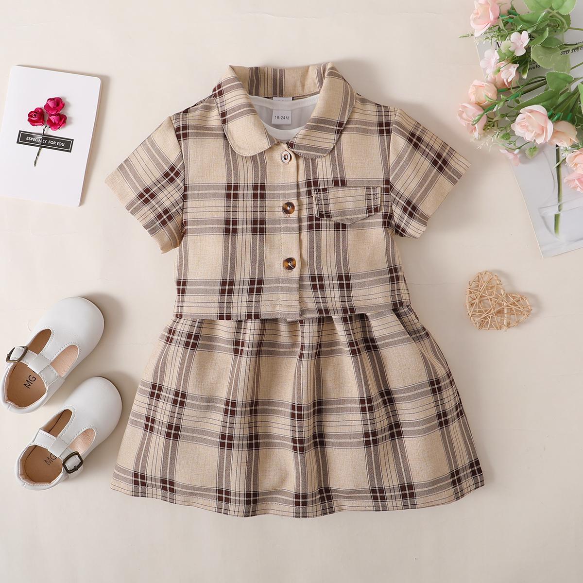 Baby Girls Clothes Baby OOTD Plaid Polo Shirts Dress 2PCS Brown 222211301