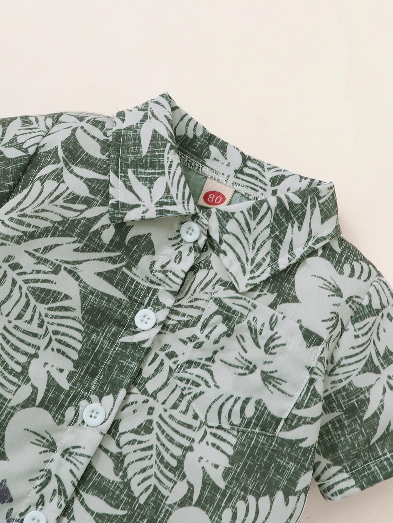 Newborn Baby Boys Outfits V Neck Leaf Print T-shirt Top +Straps Suspender Shorts 2PCS Clothes Set Green 222111010