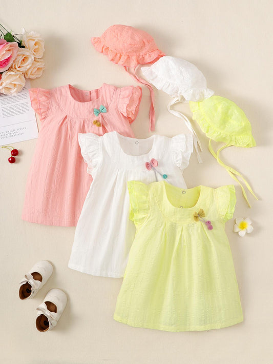 Kid Fashion Ready Stock Girls Outfits Sleeveless Solid Color Summer Dress With Hat 2Pcs Clothes Set ZX-ZB001