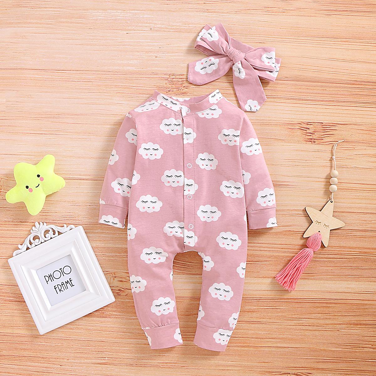 Newborn Baby Girls Outfits Jumpsuit For Winter Clouds Print Romper Headband 2Pcs Clothes Set,Pink 190066