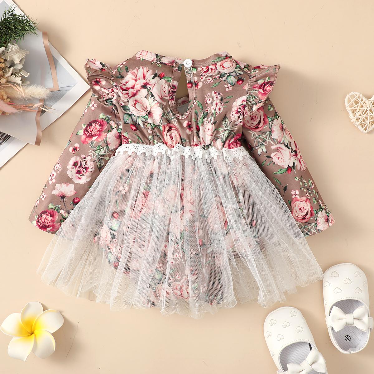 Baby Girls Romper Dress Floral Ruffle One Piece Winter Dress Brown BL22110685