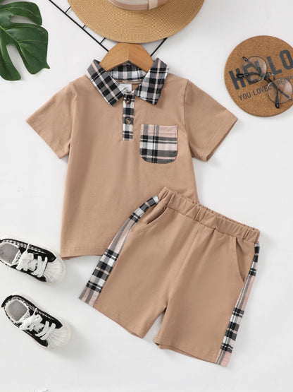 Kid Fashion Ready Stock Boys Clothes Boys Outfits Summer Turn-down Collar Pocket Shirts Shorts 2PCS Brown,622120001