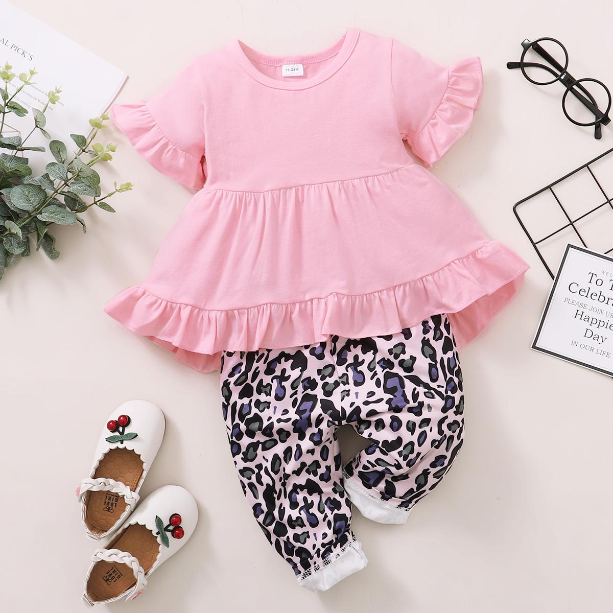 Baby Clothes Baby Girl Trumpet Sleeve Tuxedo Leopard Pants 2PCS 12012041