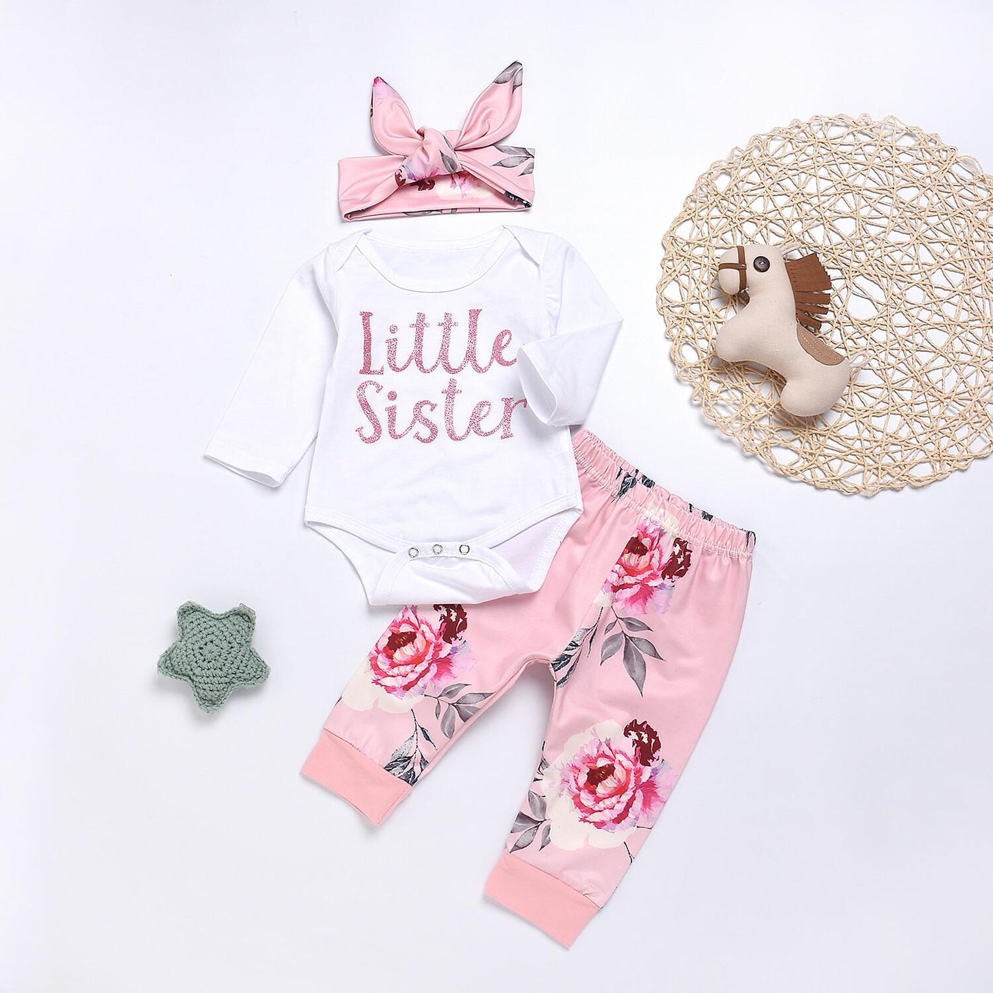 Newborn Baby Girl Clothes Baby Girl Outfits Long Sleeve Letter Print Romper Floral Pants Headband 3PCS Clothing Set 191048