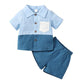 Kid Fashion Ready Stock Boys Summer Outfits Turn-down Collar Pocket Splice Shirt Elastic Shorts 2Pcs Clothes Set Blue 112211057