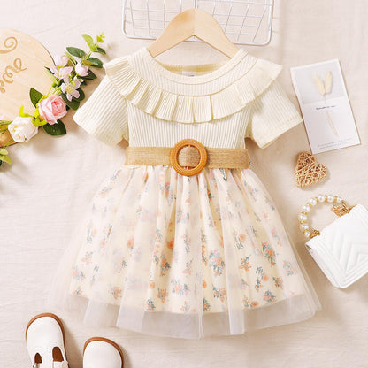 Baby Girls Dress Lotus Leaf Collar Floral Print Gauze One Piece Sun Dress Apricot J222211301