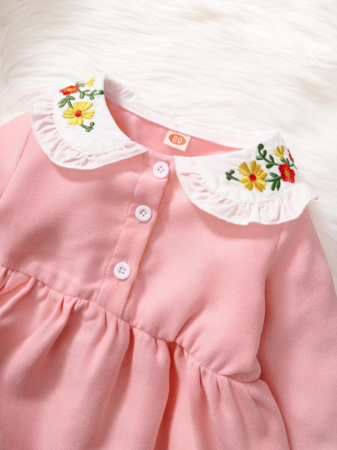 kid fashion Girl Clothes Girl Dress Long Sleeve Dress Ruffle Embroidered Floral Collar Dress  Fall Dress Pink 22009660-1