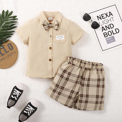 Ready Stock Baby Boys Clothes Bow Tie Turn-down Collar Pocket Shirts Elastic Plaid Shorts 2Pcs Summer Gentle Outfits Apricot 222212307