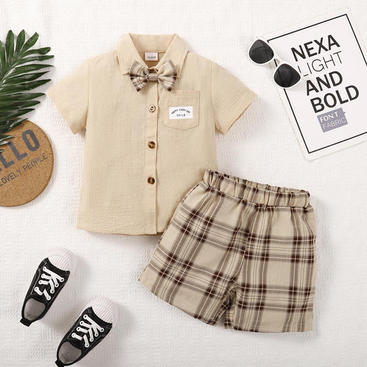 Ready Stock Baby Boys Clothes Bow Tie Turn-down Collar Pocket Shirts Elastic Plaid Shorts 2Pcs Summer Gentle Outfits Apricot 222212307