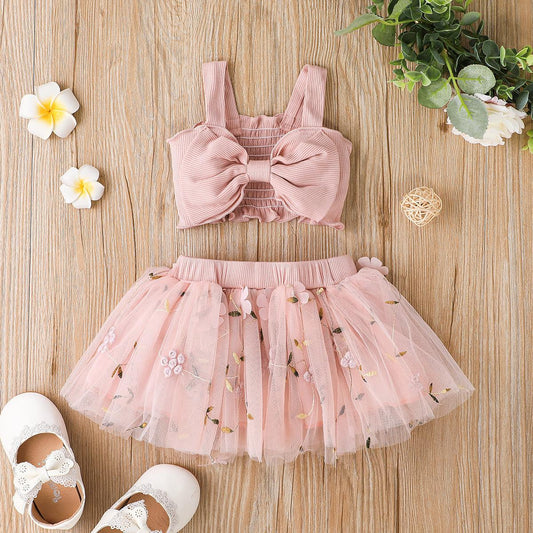 Baby Girls Outfits Straps Bow Tops For Summer Gauze Skirts 2Pcs Clothes Set Pink HE22325A