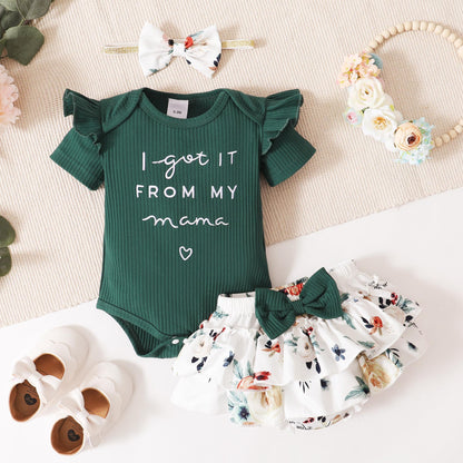 Baby Girls Clothes Girls Outfits Letter Print Short Sleeve Top Floral Shorts Headband 3PCS Set Green 32103010