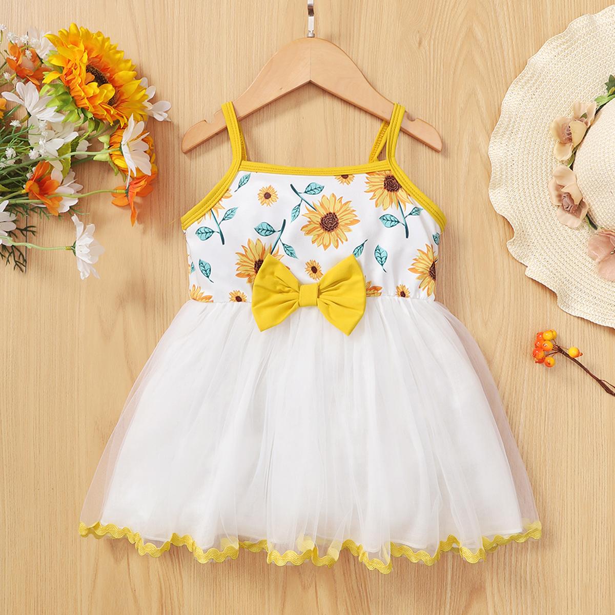 Kids Fashion Girls Dress Straps Sunflower Bow Splice Gauze One Piece Dress White F222112151